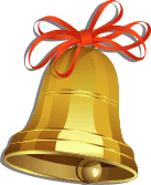 A shiny gold bell with a red ribbon tied in a bow at the top.