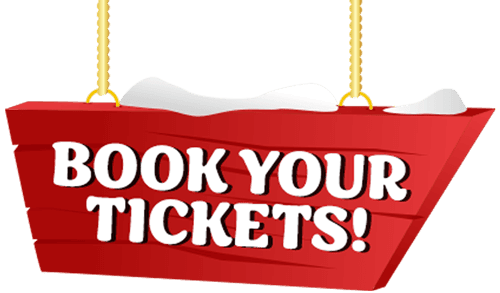 A red wooden sign with snow on top hangs by two yellow ropes, displaying "BOOK YOUR TICKETS!" in bold white letters for the Jingle Bell Junction event.