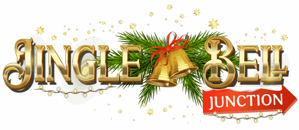 Gold text reads "Jingle Bell Junction" with green pine branches, red bows, and two gold bells in the centre. Small stars and lights decorate, while a red arrow with "Junction" points to the right.