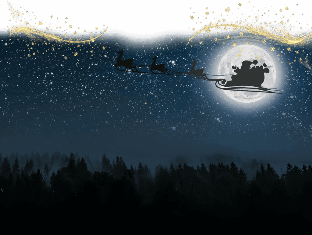 A silhouette of Father Christmas in a sleigh pulled by reindeer soars over Jingle Bell Junction’s dark forest beneath a starry night sky and full moon, while golden stars and swirls decorate the scene above.