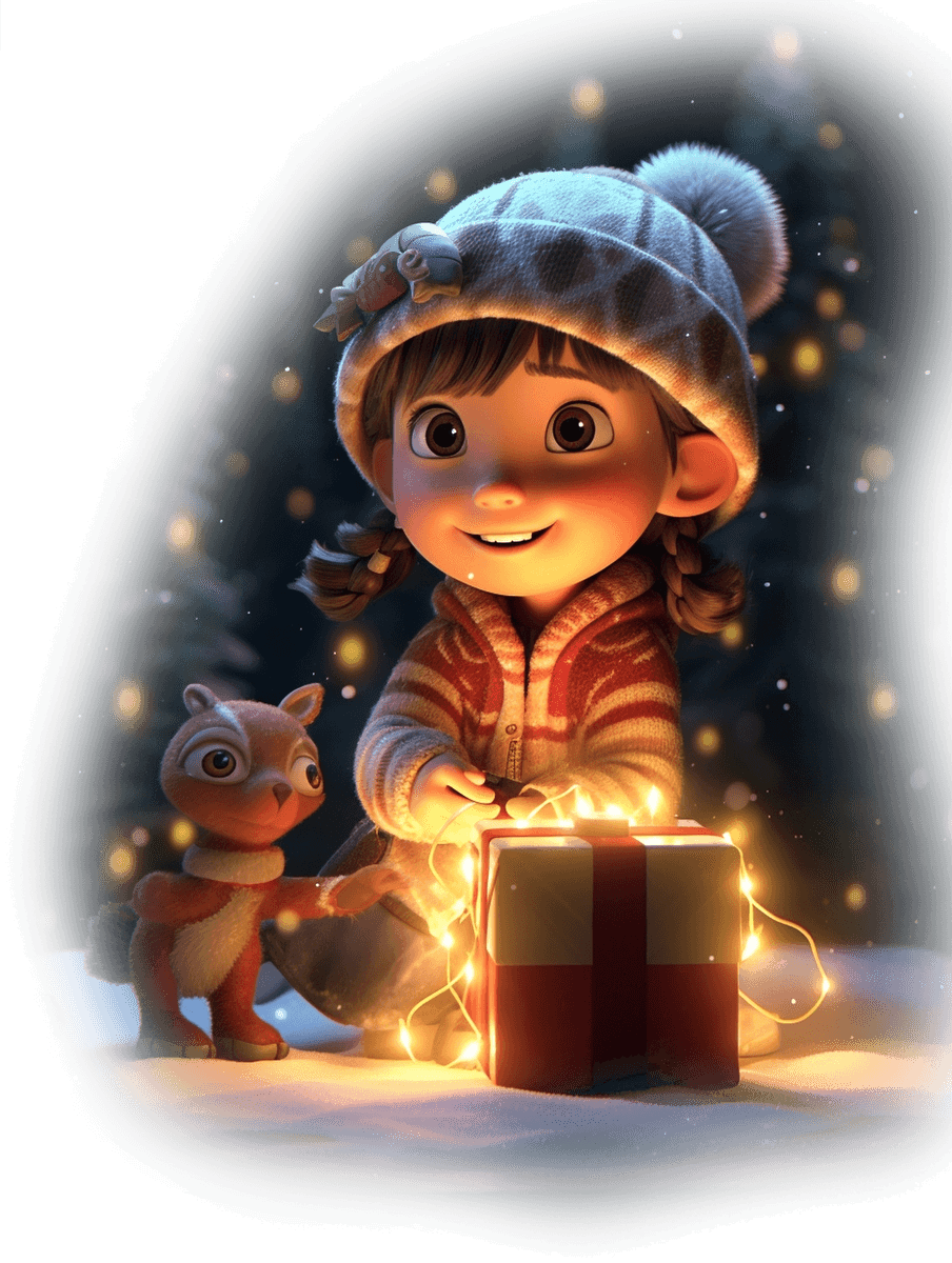A smiling young girl in a winter hat and striped jumper opens a glowing gift box on snow, surrounded by twinkling lights, with a small, cute animal beside her.