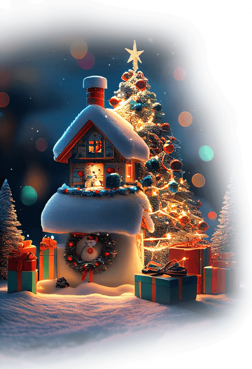A cosy, snow-covered house decorated with lights and a wreath stands beside a glowing Christmas tree, surrounded by wrapped presents, against a softly blurred night background with colourful lights.