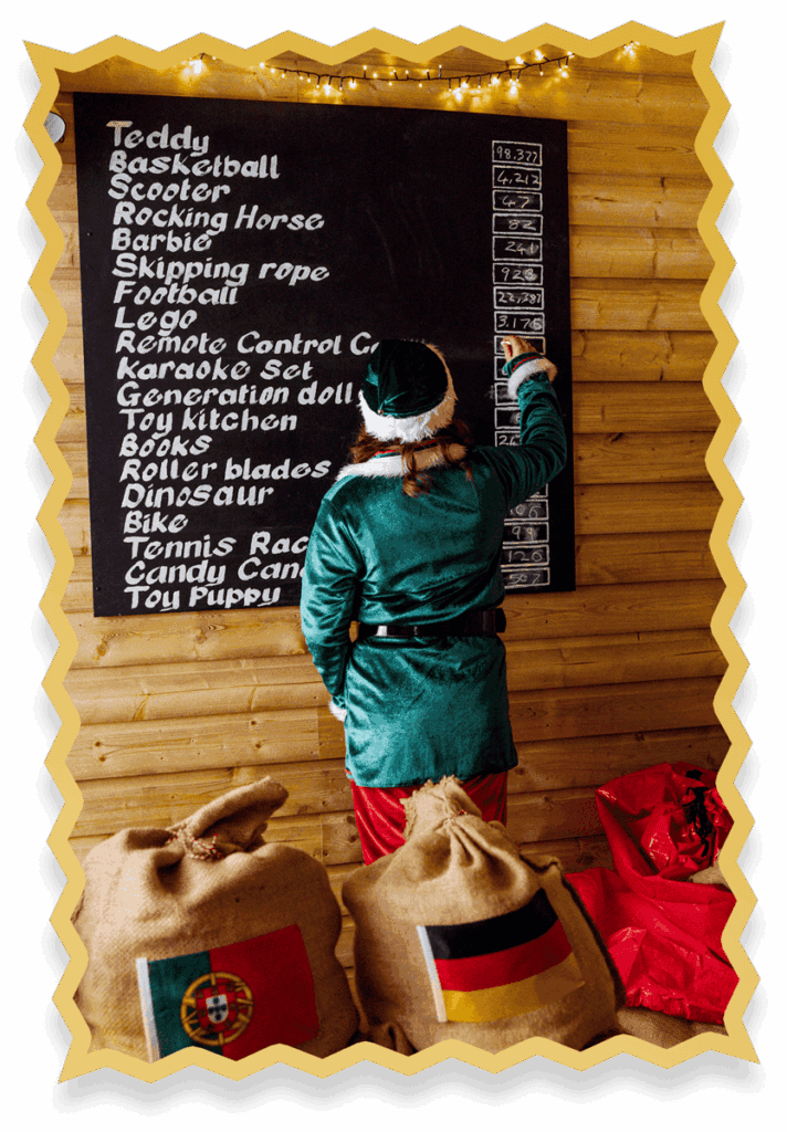 An elf in green points at a chalkboard list of toys, including Teddy, Basketball, and Barbie. Burlap sacks with Portuguese and German flags sit nearby in a wooden room decorated with fairy lights.