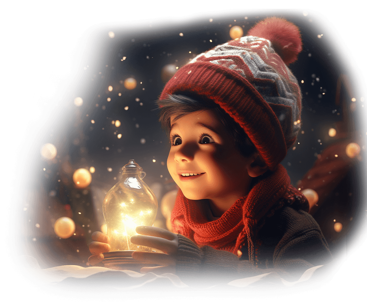 A joyful child in a red winter hat and scarf holds a glowing lantern at Jingle Bell Junction, surrounded by softly falling snow and warm lights, creating a magical, festive atmosphere.