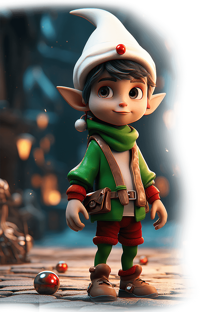 A cheerful Christmas elf with big eyes, pointed ears, and a white hat stands on the festive streets of Jingle Bell Junction. He wears a green outfit with red accents, scarf, and satchel, surrounded by glowing lights and holiday decorations.